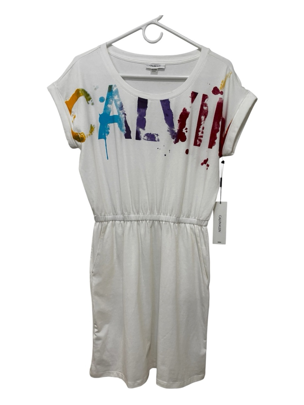 Calvin Klein White T-Shirt Dress with Multi-Color Paint Detail, NWT